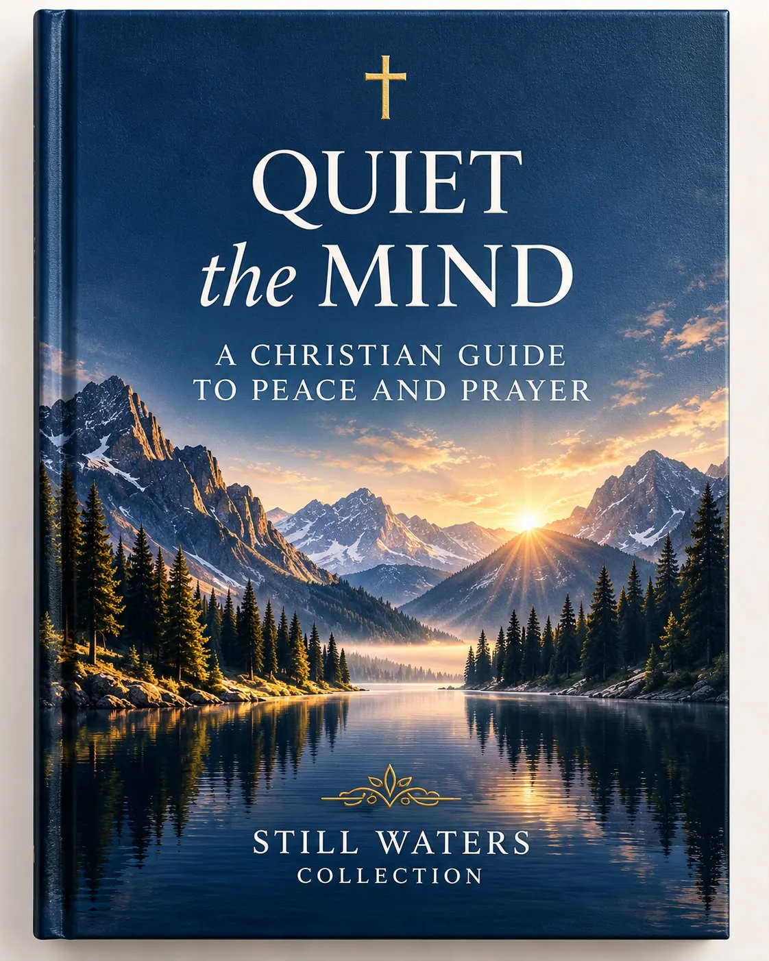Quiet the Mind dark navy hardcover-style digital book mockup