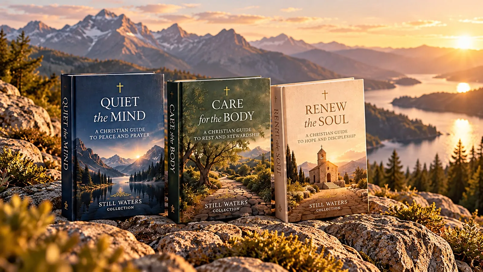 The three Still Waters books standing on rocks overlooking a lake and mountains at sunset