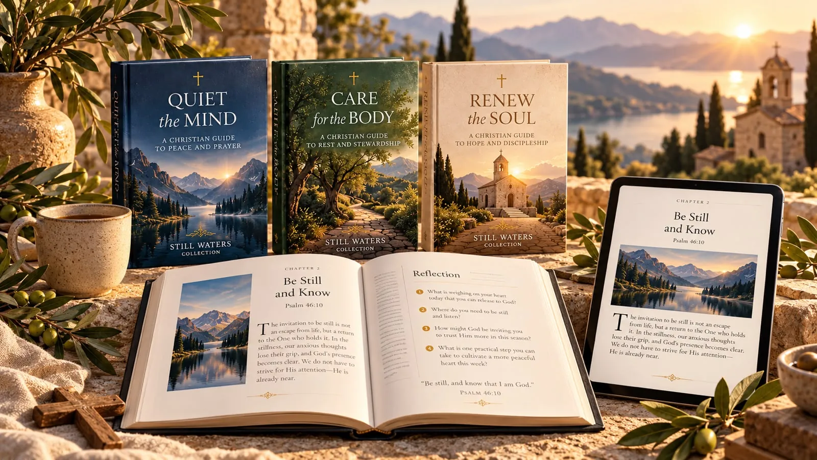 The three Still Waters books with an open guide and a tablet beside a lake at sunset