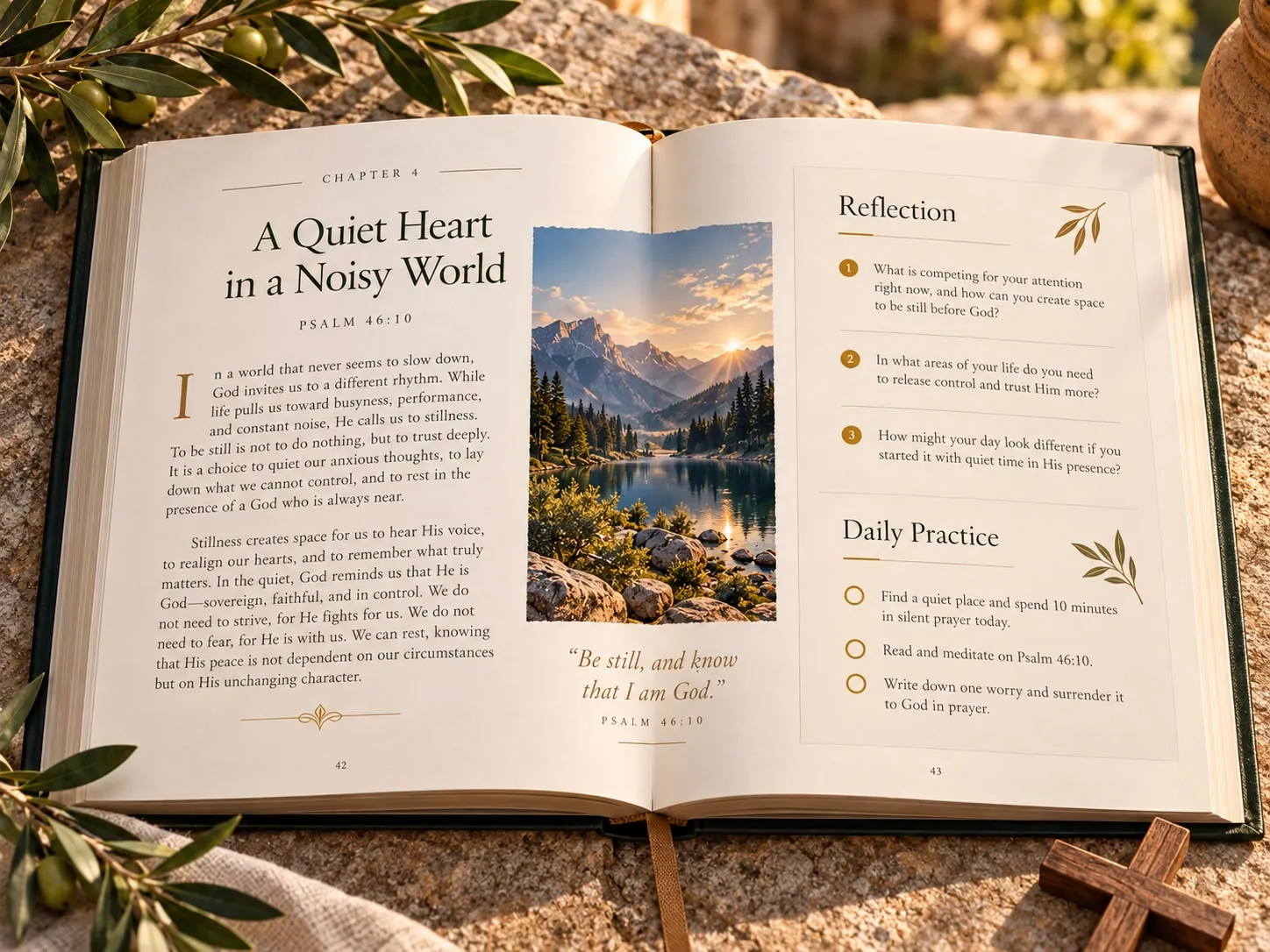 An open Still Waters guide on a stone table showing a chapter spread with reflection and daily practice