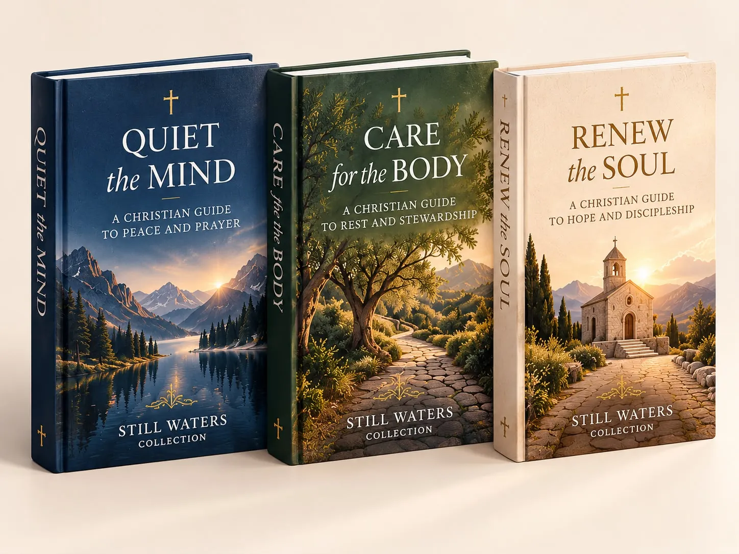 The three Still Waters books standing side by side — Quiet the Mind, Care for the Body and Renew the Soul